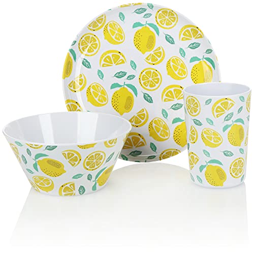 COM-FOUR® 3-teiliges Geschirr-Set - wiederverwendbares Mehrweggeschirr aus Melamin - Becher, Schüssel und Teller mit sommerlichem Design (3-teilig - Zitronen) von com-four