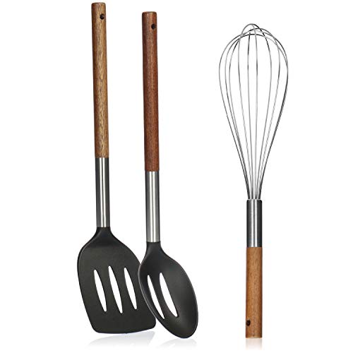 COM-FOUR® 3-teiliges Küchenhelfer-Set - Kochbesteck mit Pfannenwender, Schneebesen und Schaumlöffel - Kochutensilien mit Holzgriff von com-four