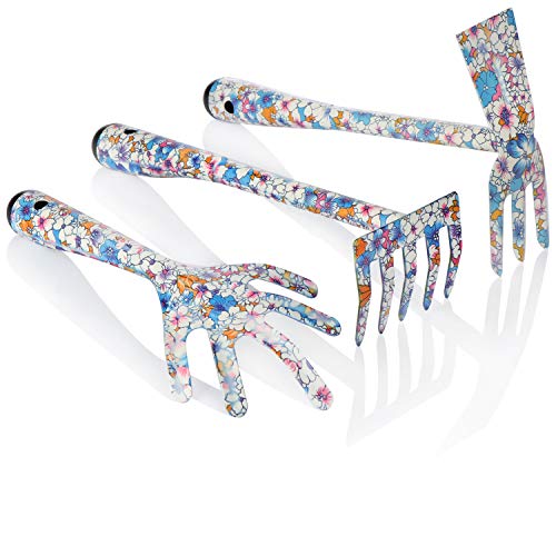 COM-FOUR® 3-teiliges Pflanzwerkzeug aus Metall - Garten-Werkzeug Set - Doppelhacke, Grubber und Blumen-Rechen in bunt für Garten und Balkon (3-teilig - blau/bunt) von com-four