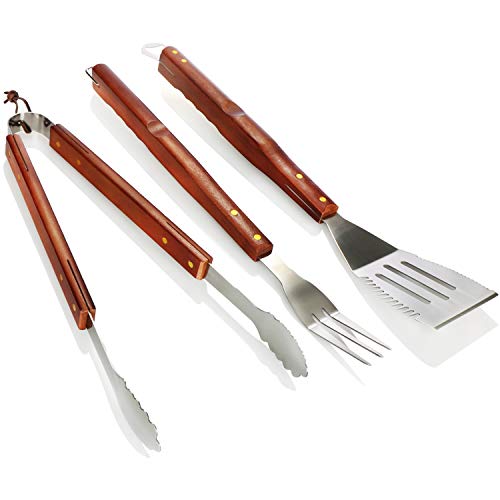 COM-FOUR® 3-teiliges Premium Grillbesteck mit Holzgriff - Grillzange, Grillwender und Grillgabel aus rostfreiem Stahl - BBQ Grillzubehör mit Holzgriff - Geschenk für Männer (03-tlg. braun - Holzgriff) von com-four
