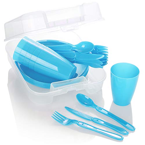 COM-FOUR® 31-teiliges Picknick-Set, Picknickkorb und Mehrweggeschirr für 6 Personen, idealer Picknickkoffer für Camping, Wohnmobil, Strand und Rucksackreisen (blau) von com-four