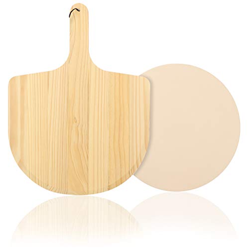 COM-FOUR® 33cm Pizzasteinplatte mit Pizzaschieber, Pizza backen im Ofen oder Grill, Steinofen-Feeling, feuerfester Schamottstein mit Holz-Pizzaschieber (Mit Pizzaschieber) von com-four