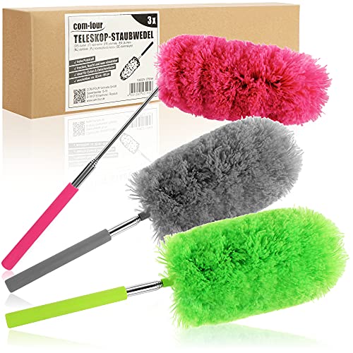 COM-FOUR® 3X Chenille Staubwedel mit Teleskopstange - Staubwischer mit biegsamem Kopf in modernen Farben (003 Stück - rot/grün/grau) von com-four