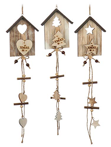 com-four® 3X Holzanhänger mit Klammer 13 x 10 cm - Weihnachtsdeko aus Holz - Aufhängung für Kalender und Fotos (3 Stück - Stern/Tanne/Herz) von com-four