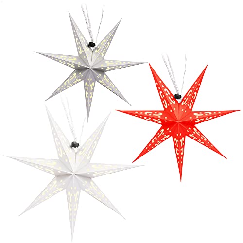 com-four® 3X Leuchtstern in 3D mit LEDs - Weihnachtsstern mit LED Beleuchtung und Timer - Premium Papierstern zum Aufhängen von com-four