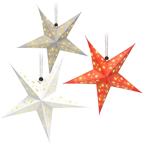 COM-FOUR® 3X Leuchtstern in 3D mit LEDs - Weihnachtsstern mit LED Beleuchtung und Timer - Premium Papierstern zum Aufhängen von com-four