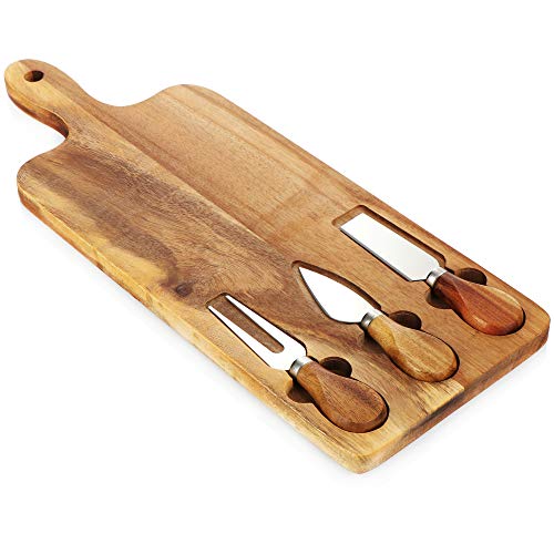 COM-FOUR® 4-teiliges Set Käsebrett mit Messer - Käseteller aus Holz und drei verschiedene Käsemesser - Käsetablett zum Anrichten und Servieren von Käsespezialitäten von com-four