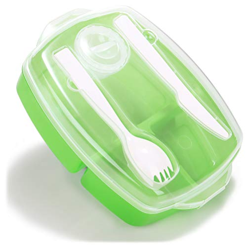 com-four® 4-teiliges Set Lunch-Box mit Besteck und Soßendose, Essensbox für Arbeit, Schule, Uni und Reisen, Brotdose spülmaschinengeeignet (4-teilig - Box mit Besteck - grün) von com-four