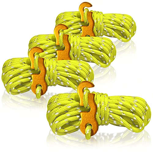 com-four® 4X Abspannseil je 4m für Camping reflektierend in gelb - Zeltschnur mit Abspannschnalle aus Aluminium - Spannschnur - Camping Schnur - Seilspanner - Zeltleine - Sturmband von com-four