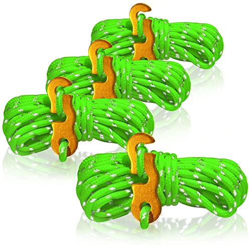 COM-FOUR® 4X Abspannseil je 4m für Camping reflektierend in grün - Zeltschnur mit Abspannschnalle aus Aluminium - Spannschnur - Camping Schnur - Seilspanner - Zeltleine - Sturmband von com-four