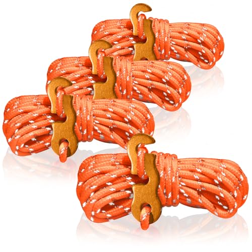 COM-FOUR® 4X Abspannseil je 4m für Camping reflektierend in orange - Zeltschnur mit Abspannschnalle aus Aluminium - Spannschnur - Camping Schnur - Seilspanner - Zeltleine - Sturmband von com-four