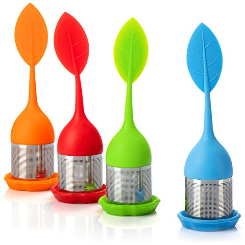 COM-FOUR® 4x Tee-Ei aus rostfreiem Edelstahl und Silikon - Teesieb mit Deckel und Untersetzer - Teekugel - feiner Teefilter für Teeliebhaber (04 Stück - Blatt2 grün/orange/blau/rot) von com-four