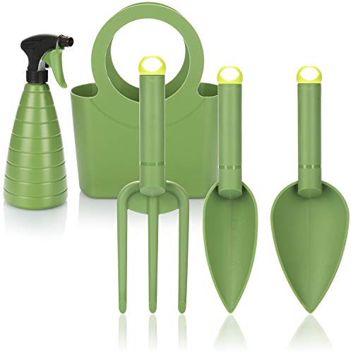 com-four® 5-teiliges Premium-Gartenwerkzeugset, Set Gartenhelfer aus Schaufeln, Grabegabel und Sprühflasche in praktischer Tragetasche zum Aufbewahren (05-teilig grün) von com-four