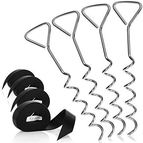 COM-FOUR® 8-teiliges Zeltbodenanker Set mit Spanngurt – Zelt Sicherung Set – Bodenanker für Planen, Pavillons und Vorzelte – Sturmschrauben zur Befestigung (04 Stück - Bodenanker mit Gurt) von com-four