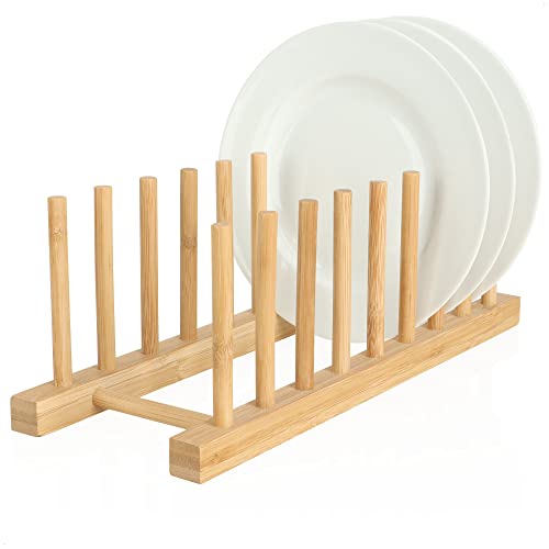 com-four® Abtropfgestell für Geschirr - Tellerhalter aus Bambus - Stabiler Geschirrabtropfer - moderner Küchenorganizer - Solider Geschirrtrockner - Topf-Deckelhalter (1 Stück - 34x12.5x12cm braun) von com-four
