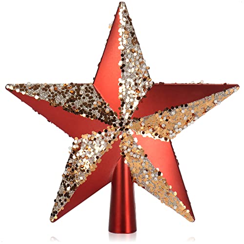 COM-FOUR® rote Christbaumspitze in Stern-Form - Stern für die Weihnachtsbaum-Spitze - verzierter Weihnachtsbaumschmuck - traditioneller Christbaum-Schmuck aus Kunststoff von com-four
