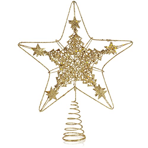 com-four® Deko Stern Weihnachten - Weihnachtsdekoration Stern aus Metall - Aufsteller Weihnachtsstern mit Glitzer - Goldfarbene Weihnachtsbaumspitze (goldfarben/28cm) von com-four