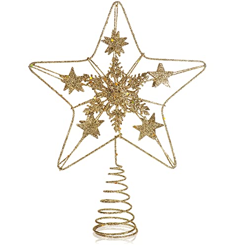 COM-FOUR® Deko Stern Weihnachten - Weihnachtsdekoration Stern aus Metall - Aufsteller Weihnachtsstern mit Glitzer und Paillette - Goldfarbene Weihnachtsbaumspitze (goldfarben/24.5cm) von com-four