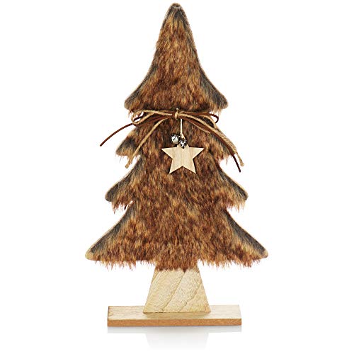 com-four® Dekorativer Aufsteller für Weihnachten - Weihnachtsbaum aus Holz mit Kunstfell und Glöckchen - Tannenbaum als Weihnachtsdeko (01 Stück Tanne 40cm braun) von com-four