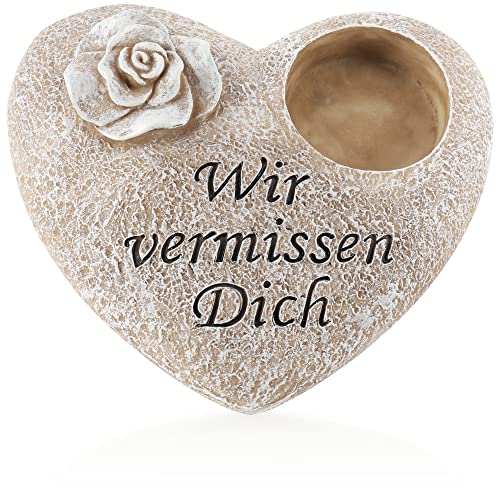 com-four® Grab-Dekoration in Herz-Form mit Rose - Gedenkstein mit Halter für Grabkerze oder Trauergesteck - wetterfester Grabschmuck - Trauerstein mit Gedenkspruch von com-four