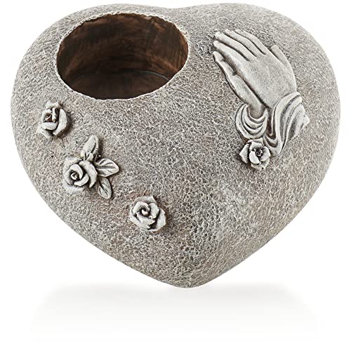 com-four® Grab Dekoration mit Kerzenhalter, Rosen und betenden Händen - Gedenkstein mit Halter für Grablicht - wetterfester Grabschmuck - Trauerstein in Herzform von com-four