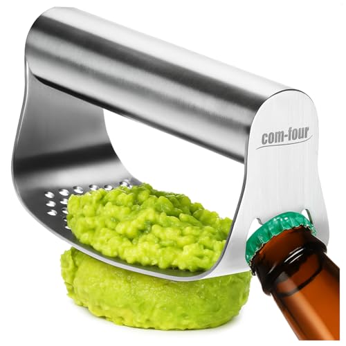 com-four® Edelstahl Küchenwerkzeug - Presse mit Flaschenöffner - zum Zerkleinern von Ingwer, Avocado, Kartoffeln, Obst und Teig - Brei-, Kräuter- und Saftpresse für Camping & DIY (Edelstahl - Walze) von com-four