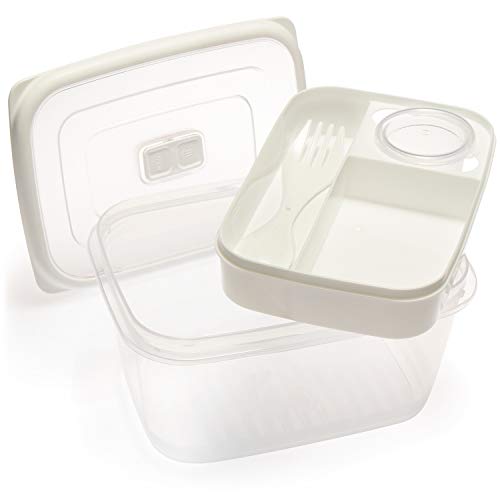 COM-FOUR® Lunch-Box in weiß mit Besteck und Soßendose - Bento-Box für Arbeit, Schule, Uni und Reisen - Brotdose spülmaschinen- und mikrowellengeeignet (01 Stück - weiß - 19 cm) von com-four
