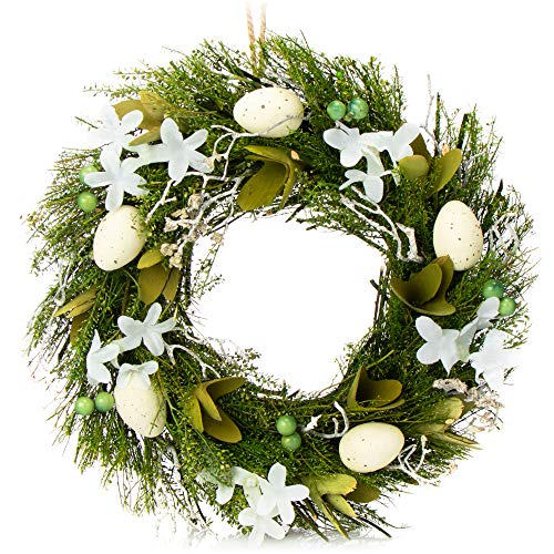com-four® Osterkranz mit Blumen aus Holz und Eiern, dekorativer Tischkranz, Türkranz mit Aufhänger, stylische Osterdekoration von com-four
