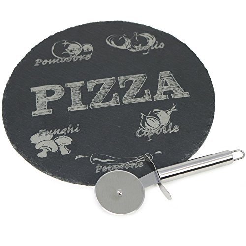com-four® 2-teiliges Pizza-Servierset - Schieferplatte mit Pizzarad - Servierteller aus Schiefer für Pizza Ø 30 cm - Teigschneider mit Handgriff und Fingerschutz von com-four