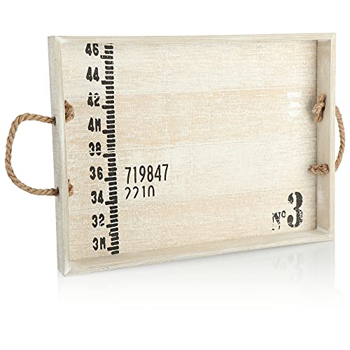 com-four® Serviertablett aus Holz - Vintage Holztablett mit Tragegriffen aus Kordel - Großes Deko-Tablett mit charmant rustikaler Optik (1 Stück - weiß - 39x29cm) von com-four