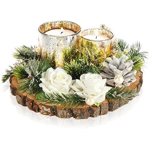 COM-FOUR® Teelichthalter - dekorativer Kerzenständer - Kerzenhalter mit Blüten, Zweigen und Zapfen auf Baumscheibe - Handarbeit (2 Kerzenhalter - Baumscheibe) von com-four