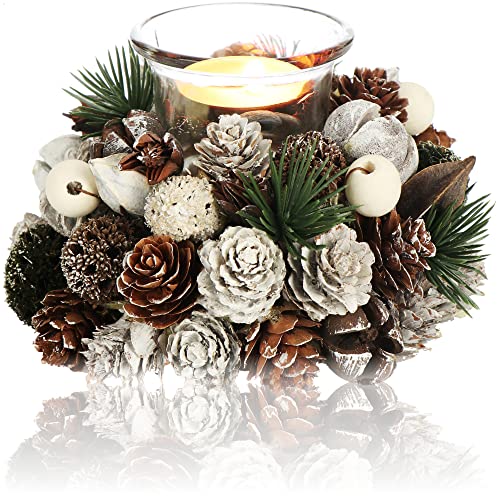 COM-FOUR® Teelichthalter - dekorativer Kerzenständer für Weihnachten und Herbst - Kerzenhalter mit natürlichen Materialien - Handarbeit (1 Kerzenhalter - weiße Perlen) von com-four