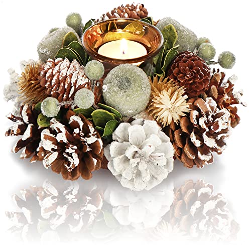 COM-FOUR® Teelichthalter - dekorativer Kerzenständer für Weihnachten und Herbst - Kerzenhalter mit natürlichen Materialien - Handarbeit (Adventsgesteck - 1 Kerze) von com-four