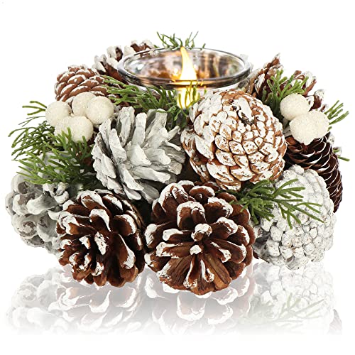COM-FOUR® Teelichthalter - dekorativer Kerzenständer für Weihnachten und Herbst - Kerzenhalter mit natürlichen Materialien - Handarbeit (Adventsgesteck - 1 Kerze) von com-four