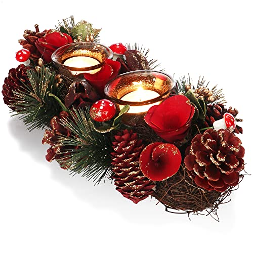 COM-FOUR® Teelichthalter - dekorativer Kerzenständer für Weihnachten und Herbst - Kerzenhalter mit natürlichen Materialien - Handarbeit (Adventsgesteck rote Blume - 2 Kerzen) von com-four