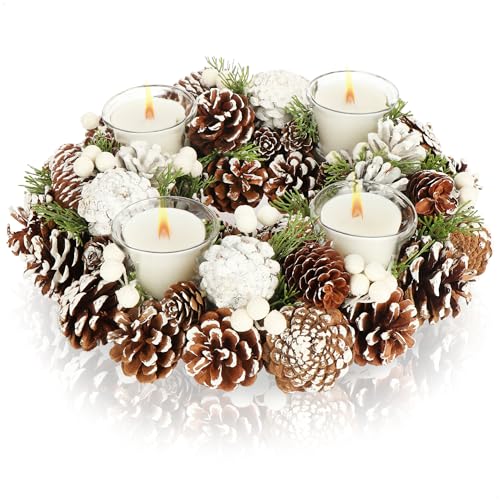 COM-FOUR® Tischkranz für Weihnachten - weißer Adventskranz mit Zapfen - Dekokranz mit 4 Teelichthaltern - Weihnachtskranz mit Kerzenhalter (Adventskranz L) von com-four