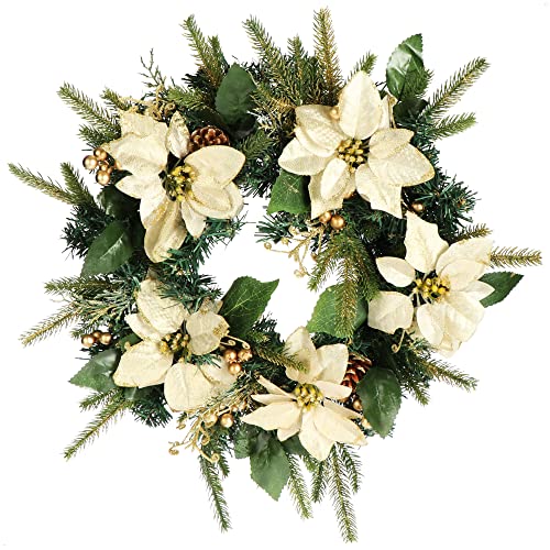 COM-FOUR® Türkranz Weihnachten - Adventskranz mit Zapfen, Blüten und goldfarbenen Kugeln - Dekokranz - Weihnachtsdeko - Tischkranz - Weihnachtskranz (grün/beige/goldfarben) von com-four