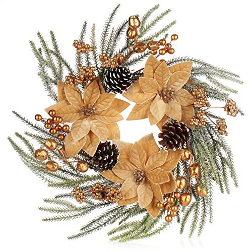 COM-FOUR® Türkranz Weihnachten - Adventskranz mit großen Blüten und Glitzer - Dekokranz Herbst - Weihnachtsdeko - Tischkranz - Weihnachtskranz von com-four