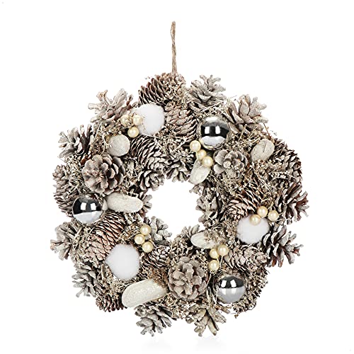 com-four® Türkranz für Weihnachten - weißer Adventskranz mit Christbaumkugeln - Dekokranz - Weihnachtsdeko - Tischkranz - Weihnachtskranz (weiß + silberfarbene Kugeln - 30cm) von com-four