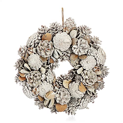 COM-FOUR® Türkranz für Weihnachten - weißer Adventskranz mit Zapfen und Blättern - Dekokranz - Weihnachtsdeko - Tischkranz - Weihnachtskranz von com-four