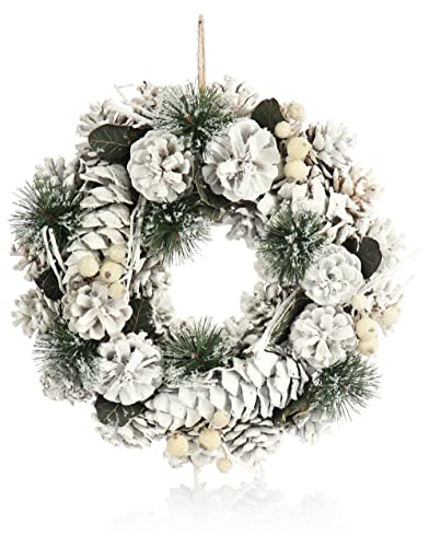 COM-FOUR® Türkranz für Weihnachten - weißer Adventskranz mit Zapfen und Zweigen - Dekokranz - Weihnachtsdeko - Tischkranz - Weihnachtskranz von com-four