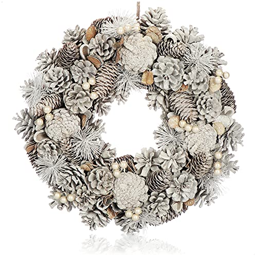 COM-FOUR® Türkranz für Weihnachten - weißer Adventskranz mit vielen Zapfen und Beeren - Dekokranz - Weihnachtsdeko - Tischkranz - Weihnachtskranz von com-four