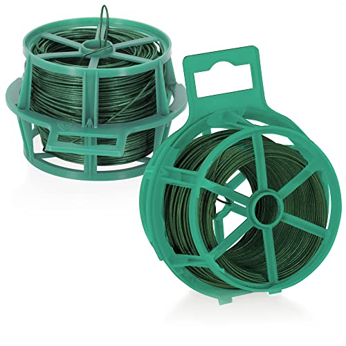 com-four® 100 Meter Bindedraht - 2 Rollen mit je 50 Meter grünem Kunststoffummantelter Draht - Pflanzendraht für Garten- und Hausarbeit von com-four