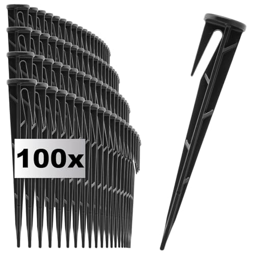 com-four® 100x Fixierungshaken für Mähroboter - Erdanker aus Kunststoff - Befestigungsstifte für Schläuche, Kabel und Abdeckungen - Bodennägel mit Haken (100x schwarz - glatt/für Kabel) von com-four