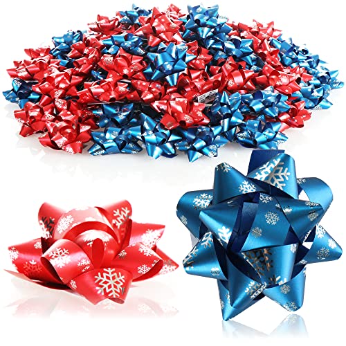 com-four® 100x Geschenkschleife in tollen Farben - Selbstklebende Dekoschleifen mit Muster für Weihnachten und Geburtstag (100 Stück - Flocke - rot + blau) von com-four