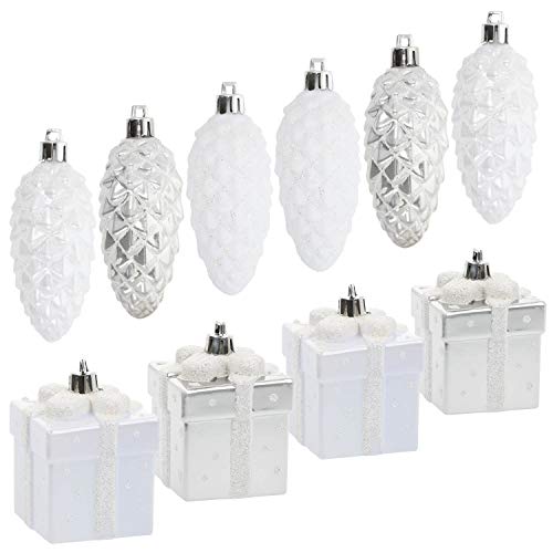 com-four® 10x Christbaumanhänger-Set Tannenbaum-Zapfen und Geschenke in silberfarben, weiß bruchfest, Christbaumschmuck für die Weihnachtsbaum-Dekoration von com-four