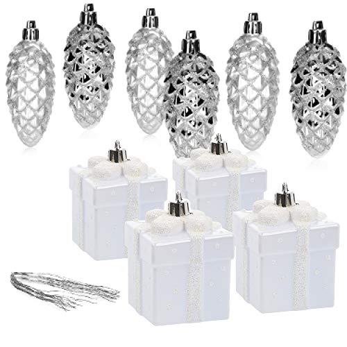 com-four® 10x Christbaumanhänger-Set Tannenbaum-Zapfen und Geschenke in silberfarben, weiß bruchfest, Christbaumschmuck für die Weihnachtsbaum-Dekoration von com-four