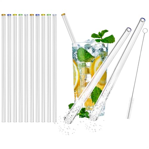 com-four® 10x Glasstrohalme spülmaschinenfest und wiederverwendbar - Glas Strohhalme für Cocktails - Trinkhalme Glas mit Reinigungsbürste - Glastrinkhalm umweltfreundlich - 23 cm von com-four