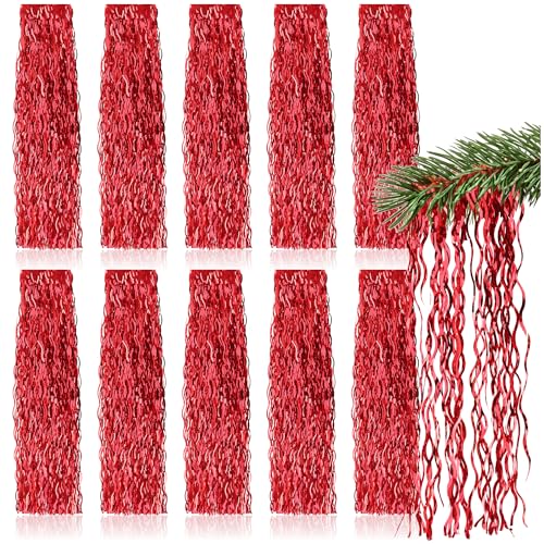 com-four® 10x Lametta - rote Lametta Girlande für Weihnachten - Christbaumschmuck für den Tannenbaum - Lametta-Vorhang mit welligen Fäden (rot - 10 Stück) von com-four