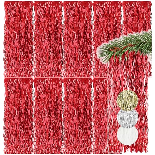 com-four® 10x Lametta - rote Lametta Girlande für Weihnachten - Christbaumschmuck für den Tannenbaum - Lametta-Vorhang mit welligen Fäden (rot - 10 Stück) von com-four